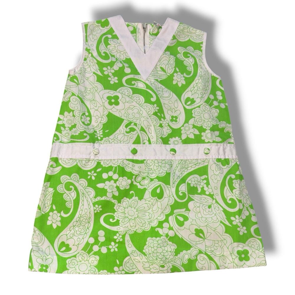 Vintage 70s Cuckoo Girls Dress Green Paisley Mod Cotton Size 5 6 Deadstock